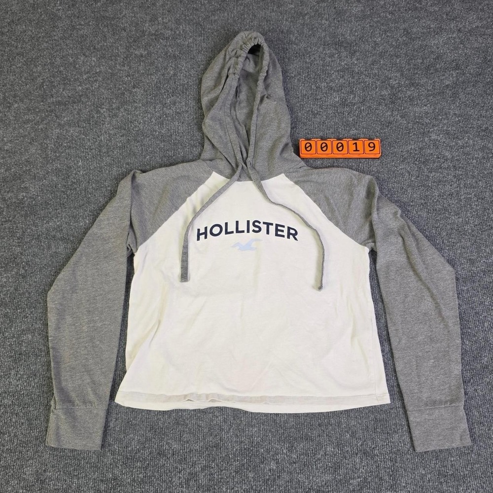 Hollister Co. Gray & white cropped cotton hoodie with raglan sleeves, size XS